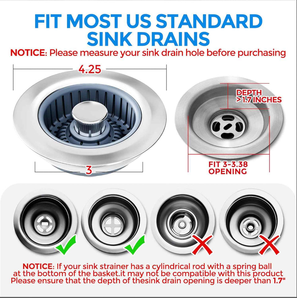 Stainless Steel 3 in 1 Kitchen Sink Drain Strainer & Stopper with Anti-Clogging Basket, fits US Standard 3-1/2'' Sink Drain Hole, Silver
