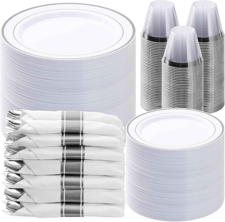 BESTVIP 700PCS Gold Plastic Dinnerware Set for 100 Guests, Disposable Plates for Party, Include: 200 Plastic Plates, 100 Pre Rolled Napkins with Gold Silverware, 100 Cups for Christmas, Halloween