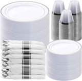 BESTVIP 700PCS Gold Plastic Dinnerware Set for 100 Guests, Disposable Plates for Party, Include: 200 Plastic Plates, 100 Pre Rolled Napkins with Gold Silverware, 100 Cups for Christmas, Halloween