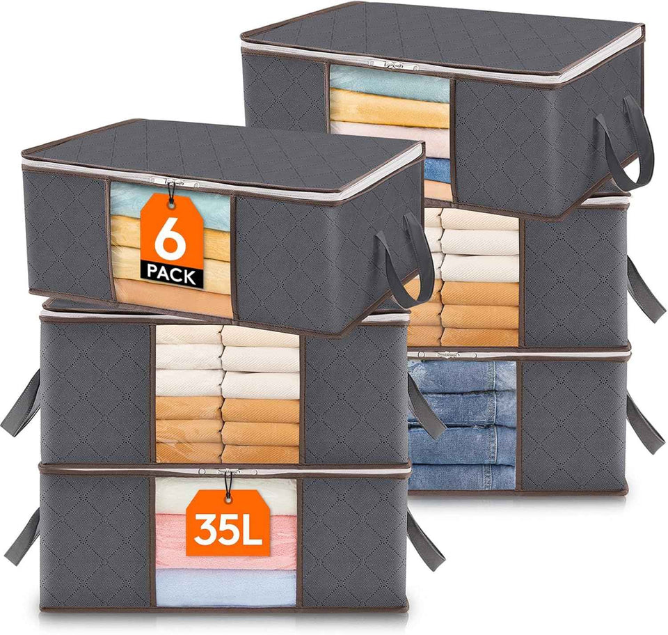 Lifewit 6 Pack Clothes Storage Bins with Lids, Foldable Blanket Storage Bags with Zippers, Clear Window and Reinforced Handles, Closet and Organization for Clothing, Sweater, Comforter, Bedding, Gray