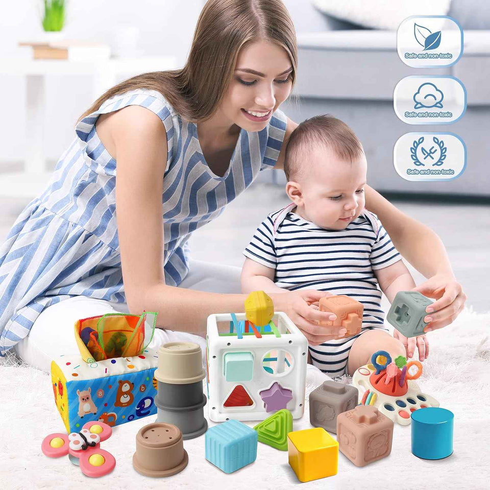EPOGG 6-in-1 Montessori toys for babies 6-12 months, includes pull string toy, stacking cups, and more