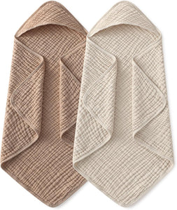Yoofoss Hooded Baby Towels for Newborn 2 Pack 100% Muslin Organic Cotton Baby Bath Towel with Hood for Babies, Infant, Toddler and Kids, 32x32Inch, Soft and Absorbent Newborn Essential, Beige&Coffee