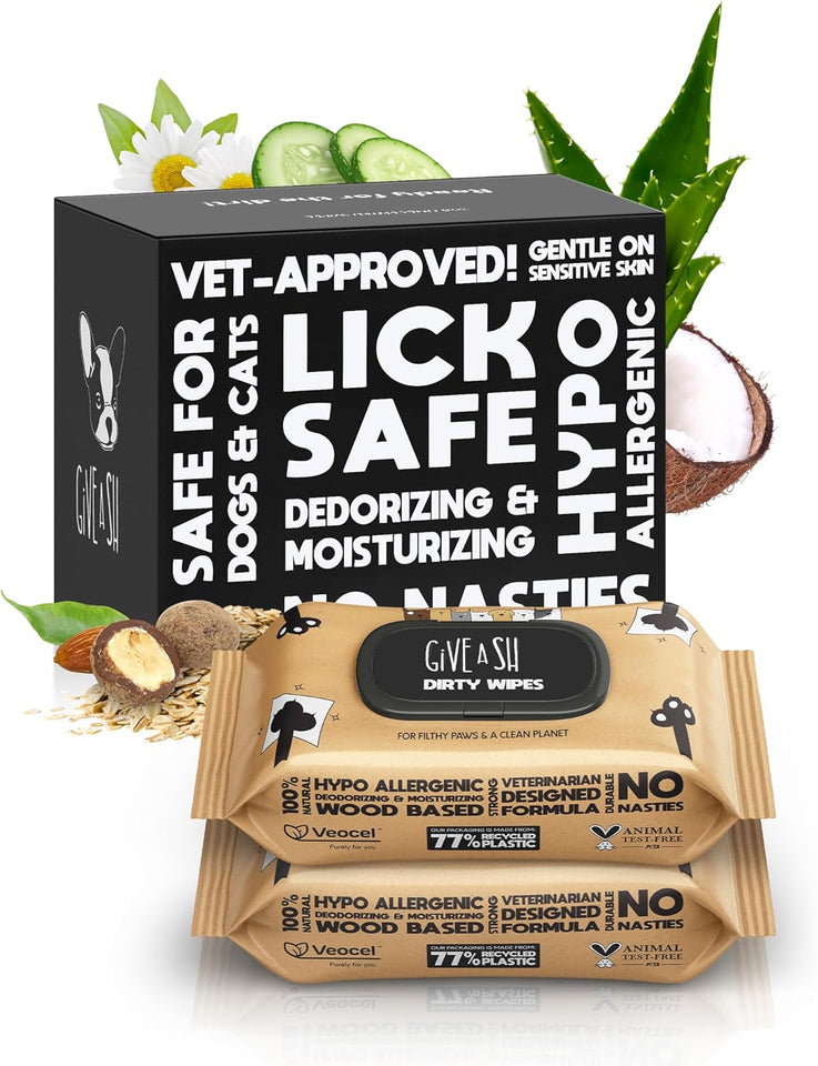Lick-safe daily pet wipes for dogs and cats, vet-approved, hypoallergenic, unscented, earth-friendly, 100-count