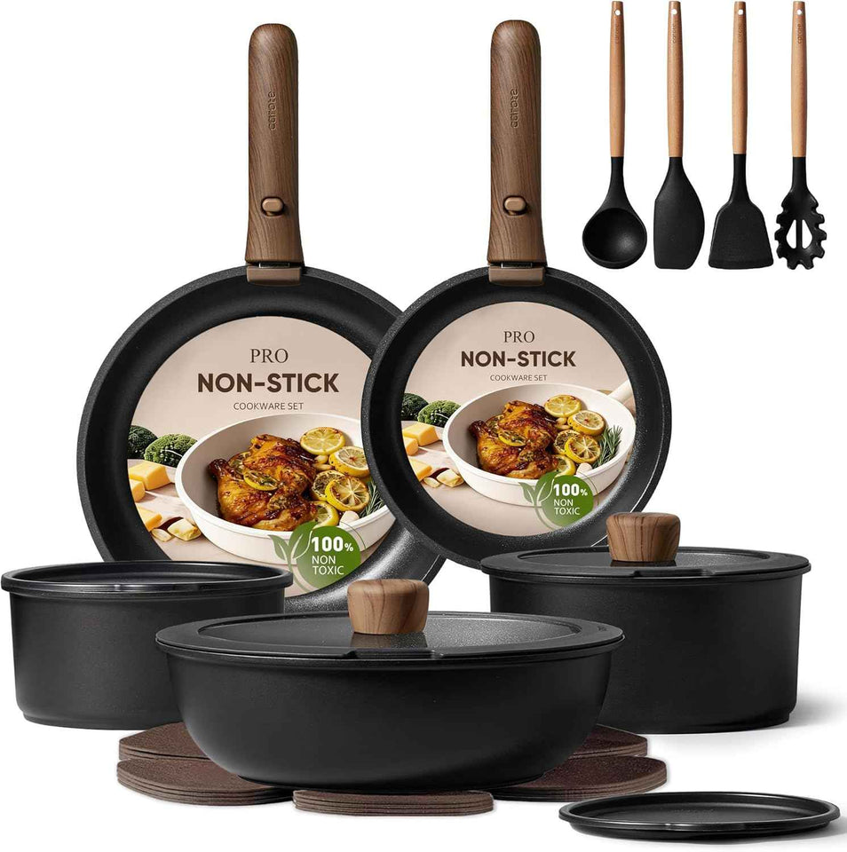 CAROTE 19-Piece Non-Stick Cookware Set, Induction Kitchen Pots and Pans, Oven, Dishwasher, and Fridge Safe, Space Saving