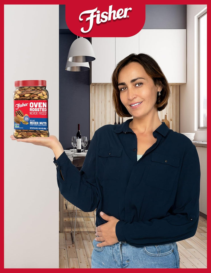 Fisher Oven Roasted Deluxe Mixed Nuts, 24 Ounces, No Added Oil, Gluten Free, Almonds, Cashews, Pecans, Pistachios
