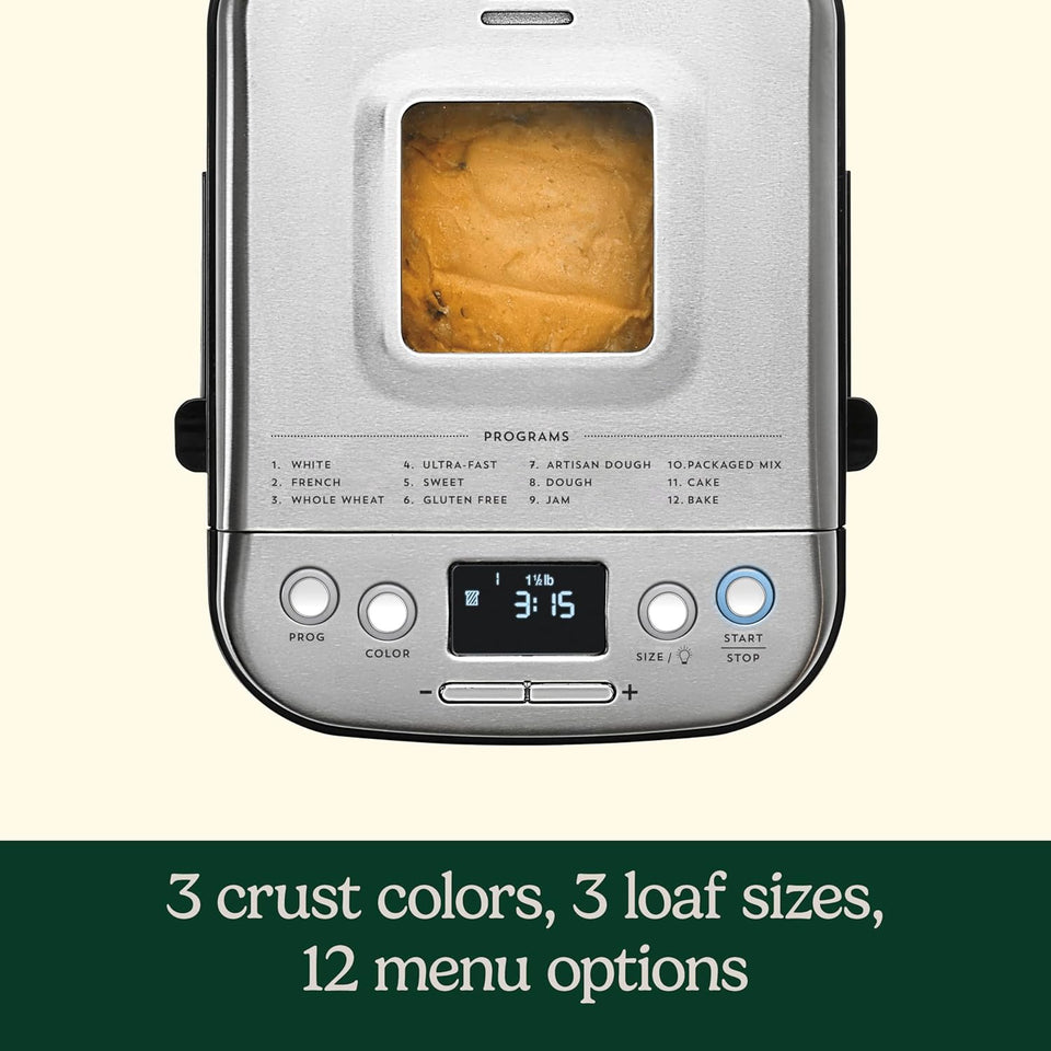 Cuisinart Bread Maker Machine, Stainless Steel Automatic Bread Machine with 12 Menu Options, 3 Loaf Sizes up to 2 Lb., 3 Crust Colors, Removable Nonstick Baking Pan & Kneading Paddle, CBK-110NAS
