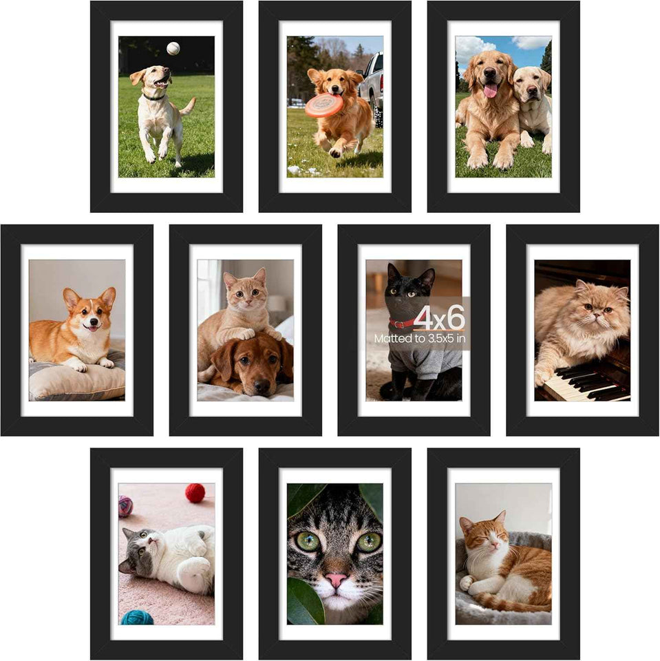 upsimples 5x7 Picture Frame Set of 10, Display Pictures 4x6 with Mat or 5x7 Without, Multi Photo Frames Collage for Wall or Tabletop Display, Black