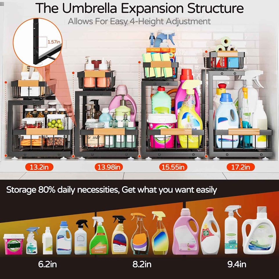 ADBIU Under Sink Organizer, 2 Pack 2 Tier Expandable Height Kitchen Bathroom Cabinet Organizers