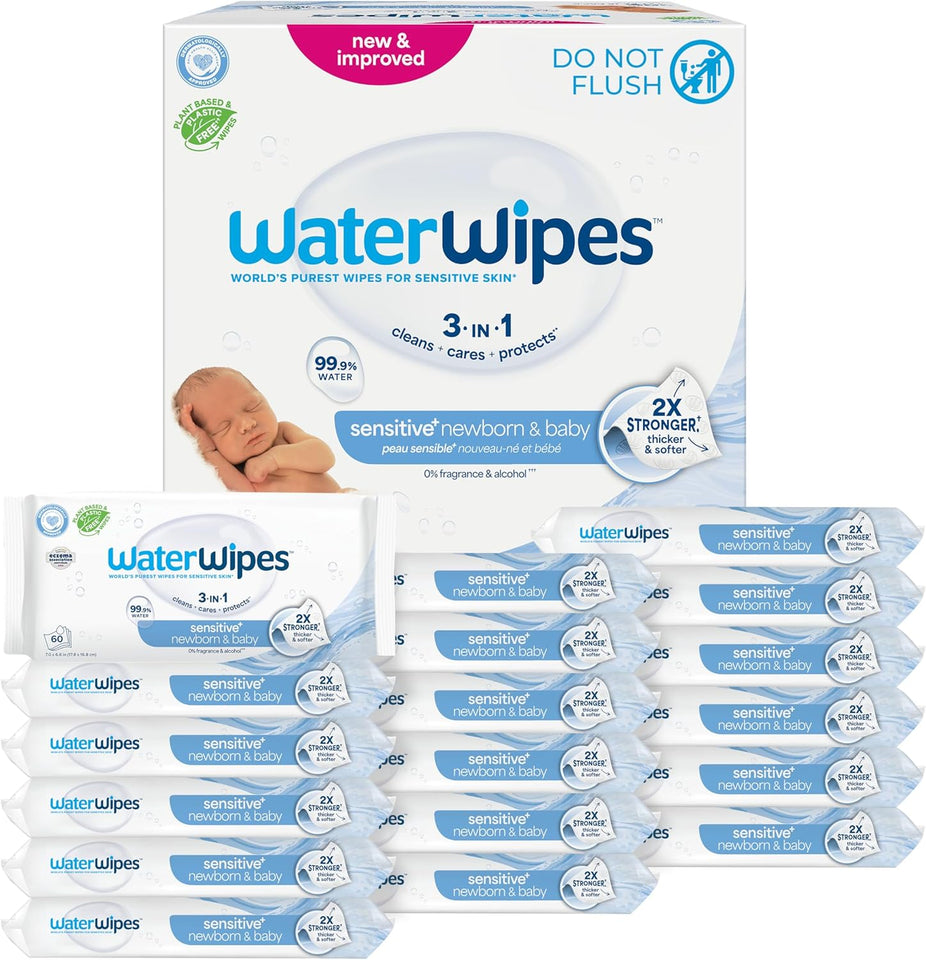 WaterWipes Sensitive+ Newborn & Baby Wipes, 3-in-1 cleans, cares, protects, 99.9% water, unscented & hypoallergenic, 60 count, 2x stronger, thicker & softer