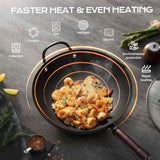 13 inch carbon steel wok nonstick stir-fry pan with lid pre-seasoned 5.8qt flat bottom
