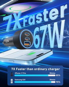USB C Car Charger, 3-Port 67W Dual USB-C & USB-A Car Power Adapter PD/QC Fast Charging Cigarette Lighter for iPhone 17/16/15/14/13/12/11 Pro Max, iPad, Samsung Galaxy S25 S24/S23/S22, Pixel, Android