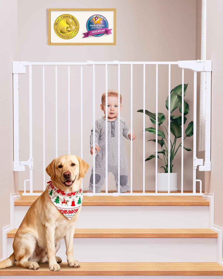 Cumbor 29.2-43" White Baby Gate for Stairs, Wall-Mounted, Expandable Dog Gate with Auto Close Walk Thru