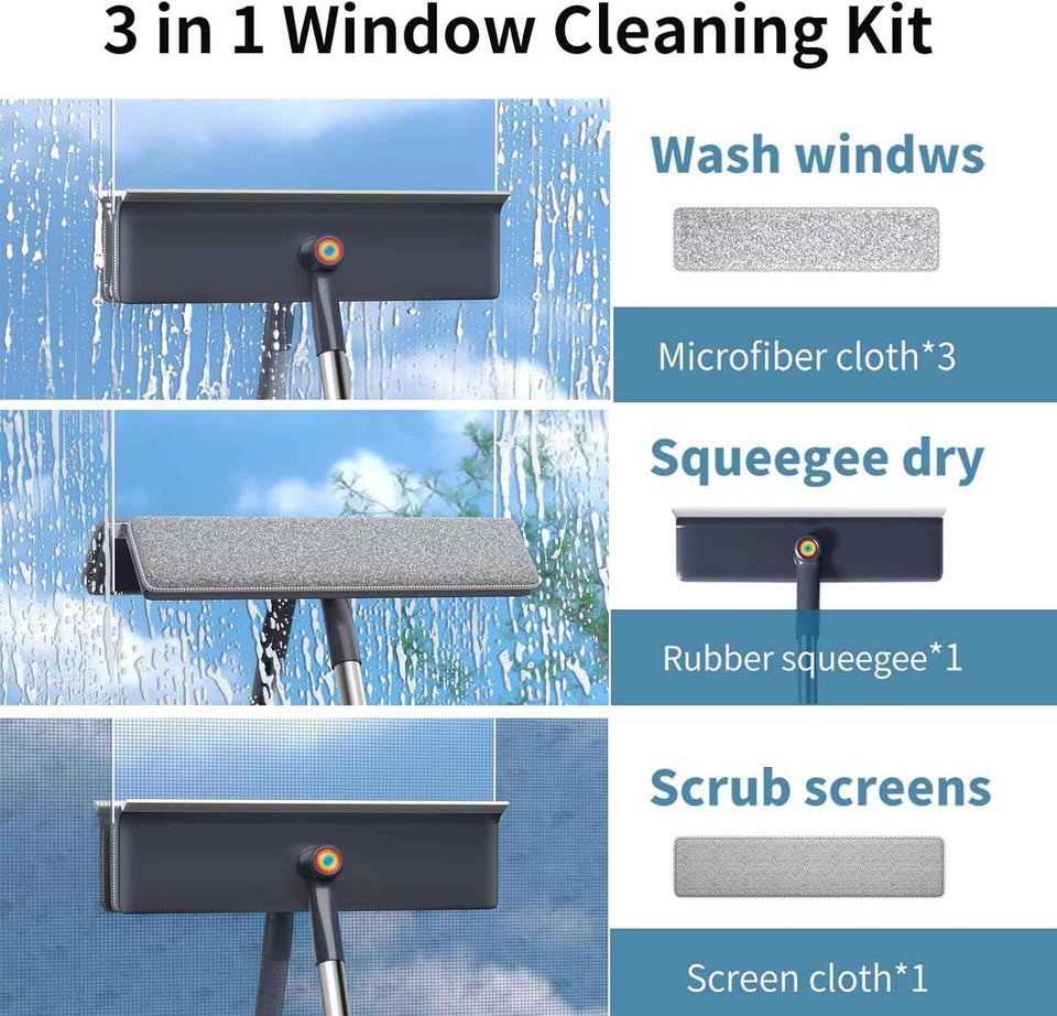 3 in 1 Window Squeegee with 60" Extension Pole for Home, Glass, Mirrors, and Screens with 3 Microfiber Cloths