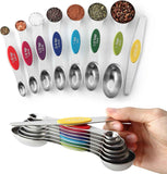 Spring Chef Stainless Steel Magnetic Measuring Spoons Set with Strong N45 Magnets, Heavy Duty Metal Kitchen Gadgets for Baking & Cooking, Fits in Most Kitchen Spice Jars, Set of 8 with Leveler, Black