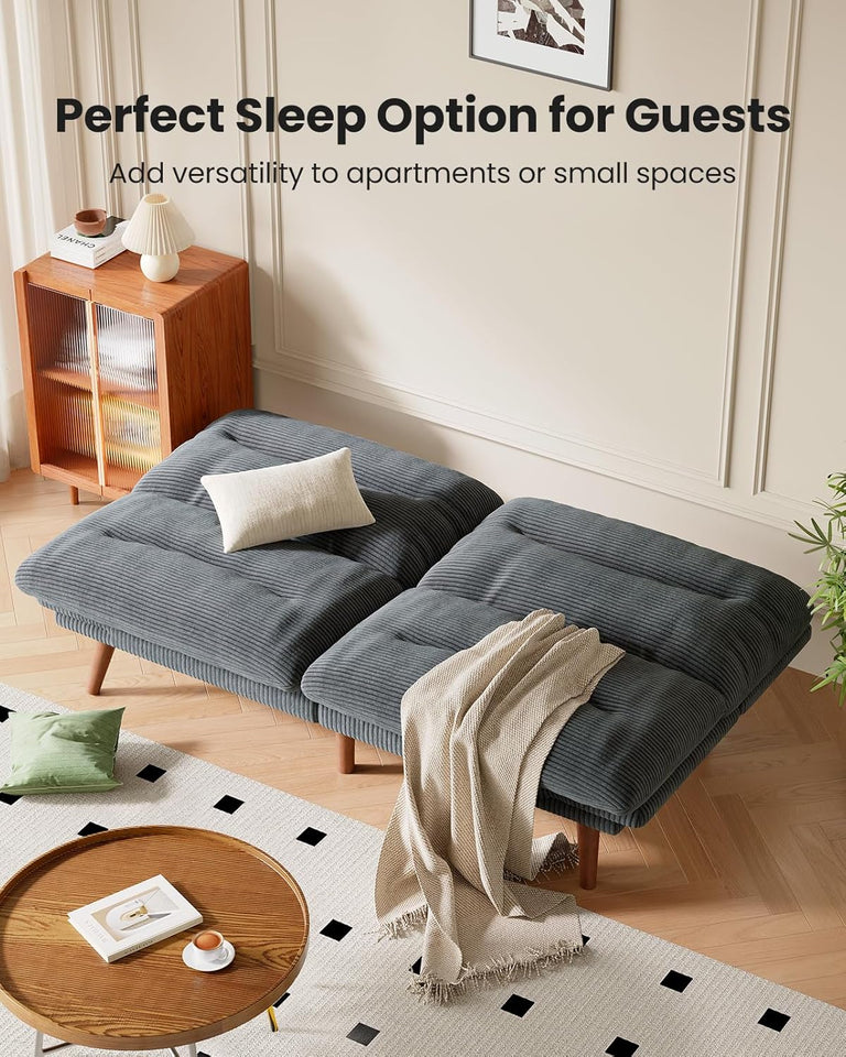 Pipishell Convertible Futon Sofa Bed,66" Corduroy Futon Couch with Adjustable Backrest and Armrests, Recliner Sleeper Sofa for Small Spaces, Play Room or Office, Grey
