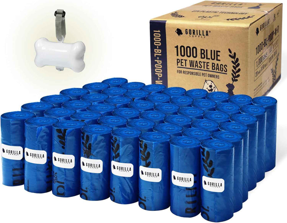 gorilla supply 1000 count dog poop waste bags with dispenser and leash tie, blue, 9" x 13"