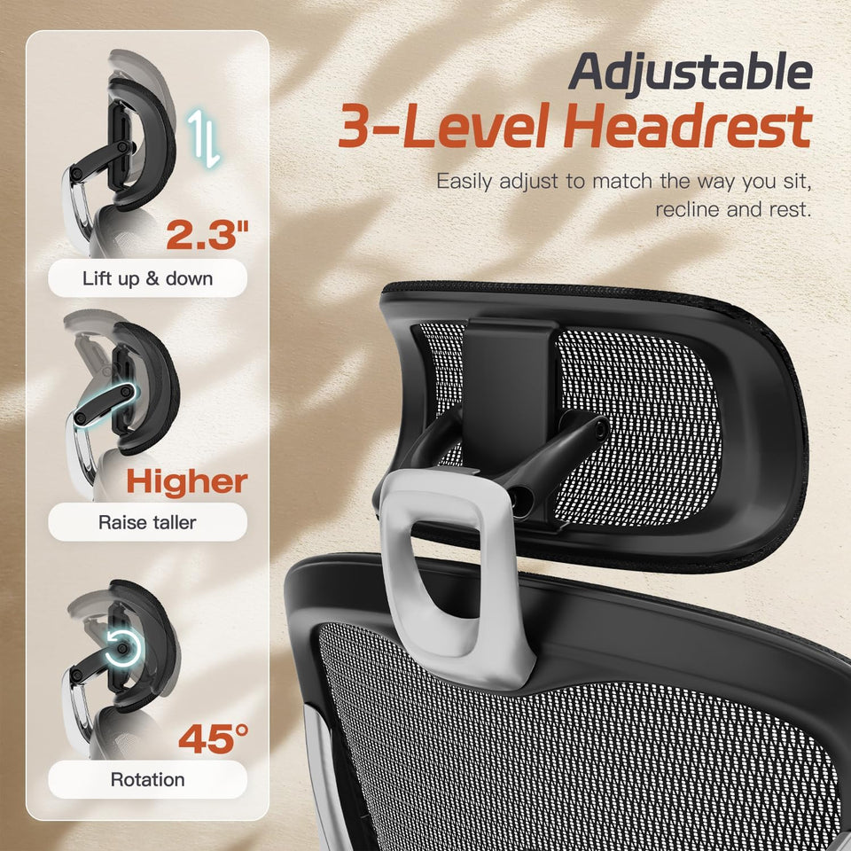 Ergonomic Office Chair, Mesh Desk Chair with Footrest, Adjustable Lumbar Support, 3D Armrest & Large Headrest, 3-Gear Tilt Recline, Stable Swivel Computer Gaming Chairs for Man Woman