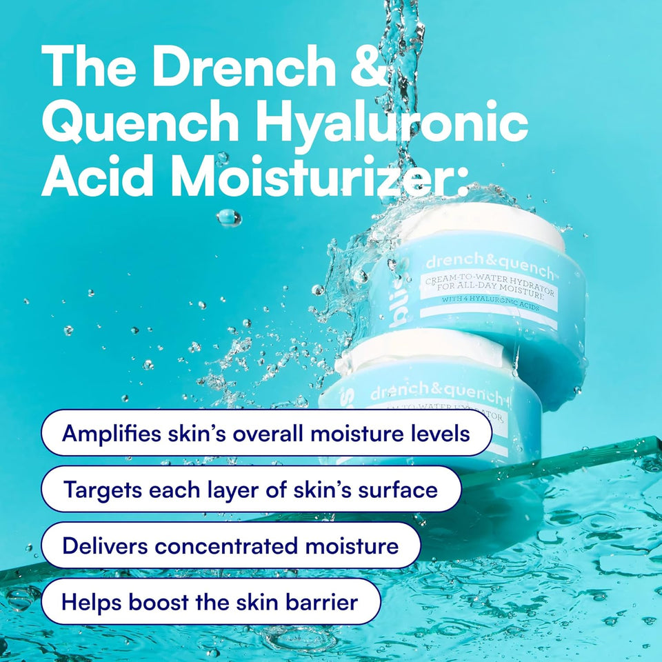 Bliss Drench & Quench Hyaluronic Acid Cream to Water Moisturizer | Lightweight Face Cream with 4 Types of Hyaluronic Acid for All Day Hydration and Plump Skin | Clean Vegan & Cruelty Free 1.7 fl oz