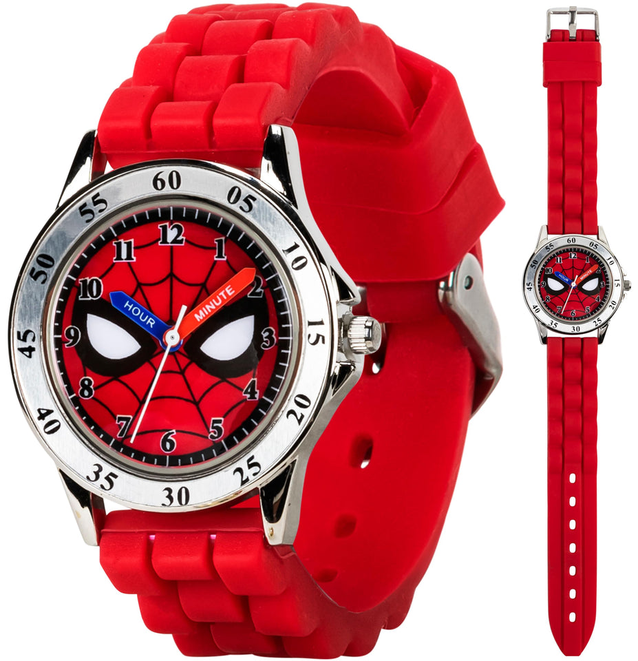 Spiderman Time Teacher Watch for Kids - Red Silicone Strap, Easy-to-Read Dial, Water Resistant, with Special Tin