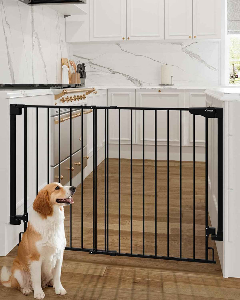 Cumbor 29.2–43" Baby Gate for Stairs, Wall-Mounted (Drill Required), Expandable No Bottom Bar Dog Gate, Auto Close Extra Wide Walk Thru, Pet & Toddler Proof Gate, Top & Bottom of Stairways (White)
