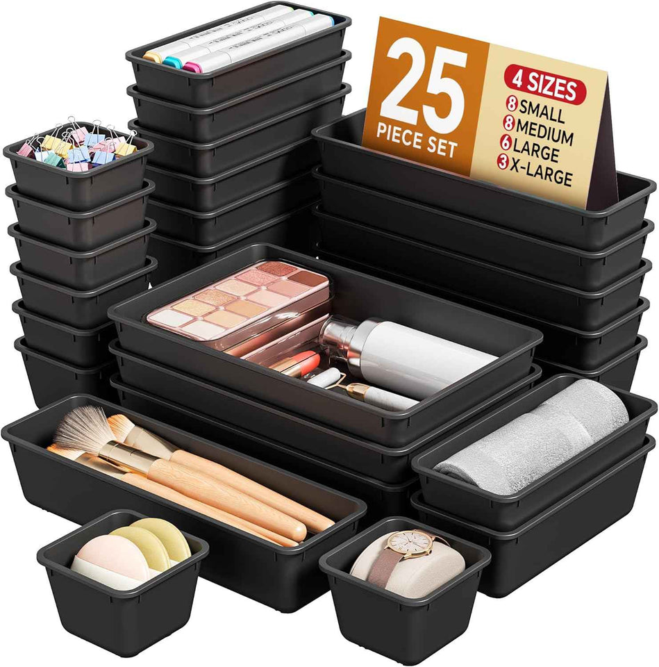 25-piece plastic drawer organizer set for makeup and desk storage, 4 sizes, black, stackable, easy to assemble