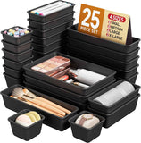 25-piece plastic drawer organizer set for makeup and desk storage, 4 sizes, black, stackable, easy to assemble