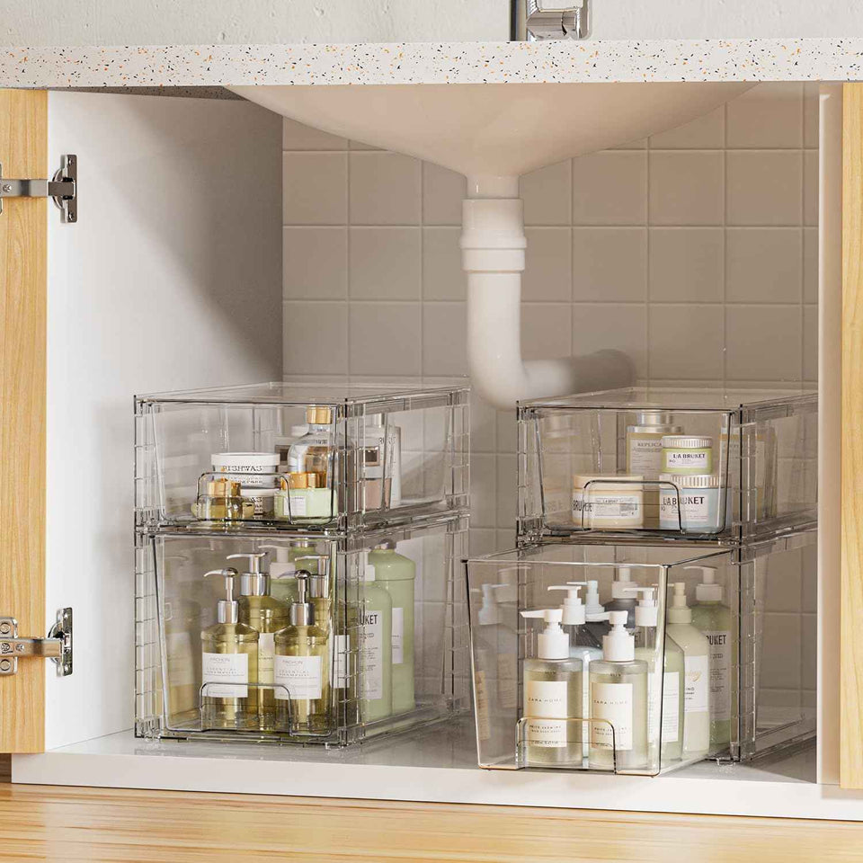 Vtopmart 4 Pack Clear Stackable Storage Drawers,Under Sink and Kitchen Organizers Storage,Easy to Assemble Plastic Drawers for Baby Bottle,Medicine, Bathroom,Cabinet and Pantry Organization