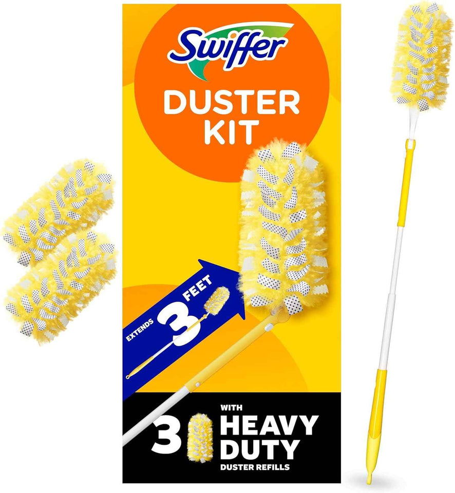 Swiffer Heavy Duty 3 ft Extendable Handle Duster Starter Kit with 3 Refills and Lock Dust