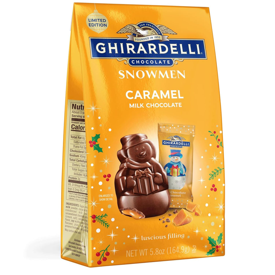 GHIRARDELLI Milk Chocolate Caramel Snowmen, 5.8 oz Bag Premium Holiday Chocolate Candy Individually Wrapped