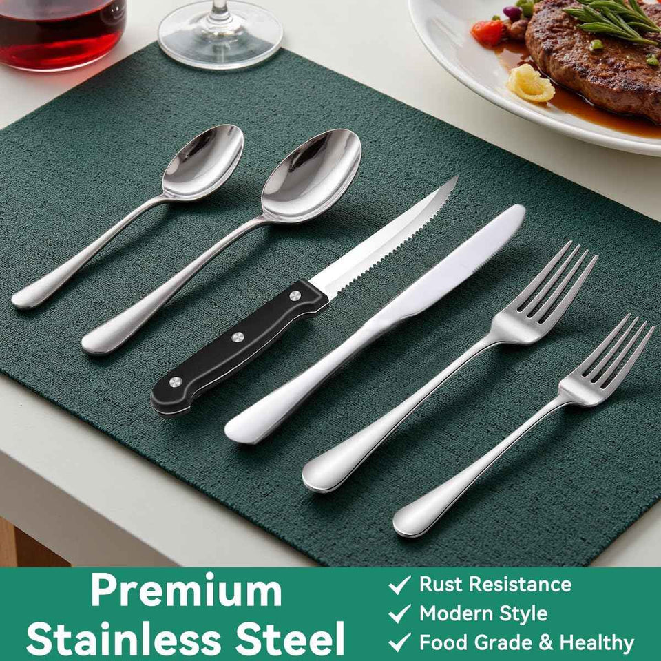 Premium 49-Piece Stainless Steel Silverware Set with Organizer for 8, Includes Steak Knives and Kitchen Utensils