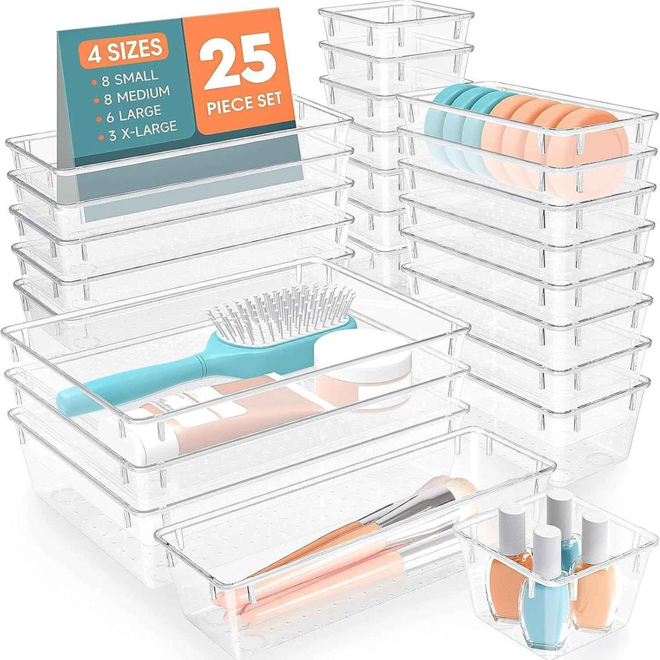25 PCS Plastic Drawer Organizer Set, 4-Size Versatile Organizer Trays & storage Bins for Makeup, Jewelry, and Gadgets in Bathroom, Bedroom and Office,Clear Black