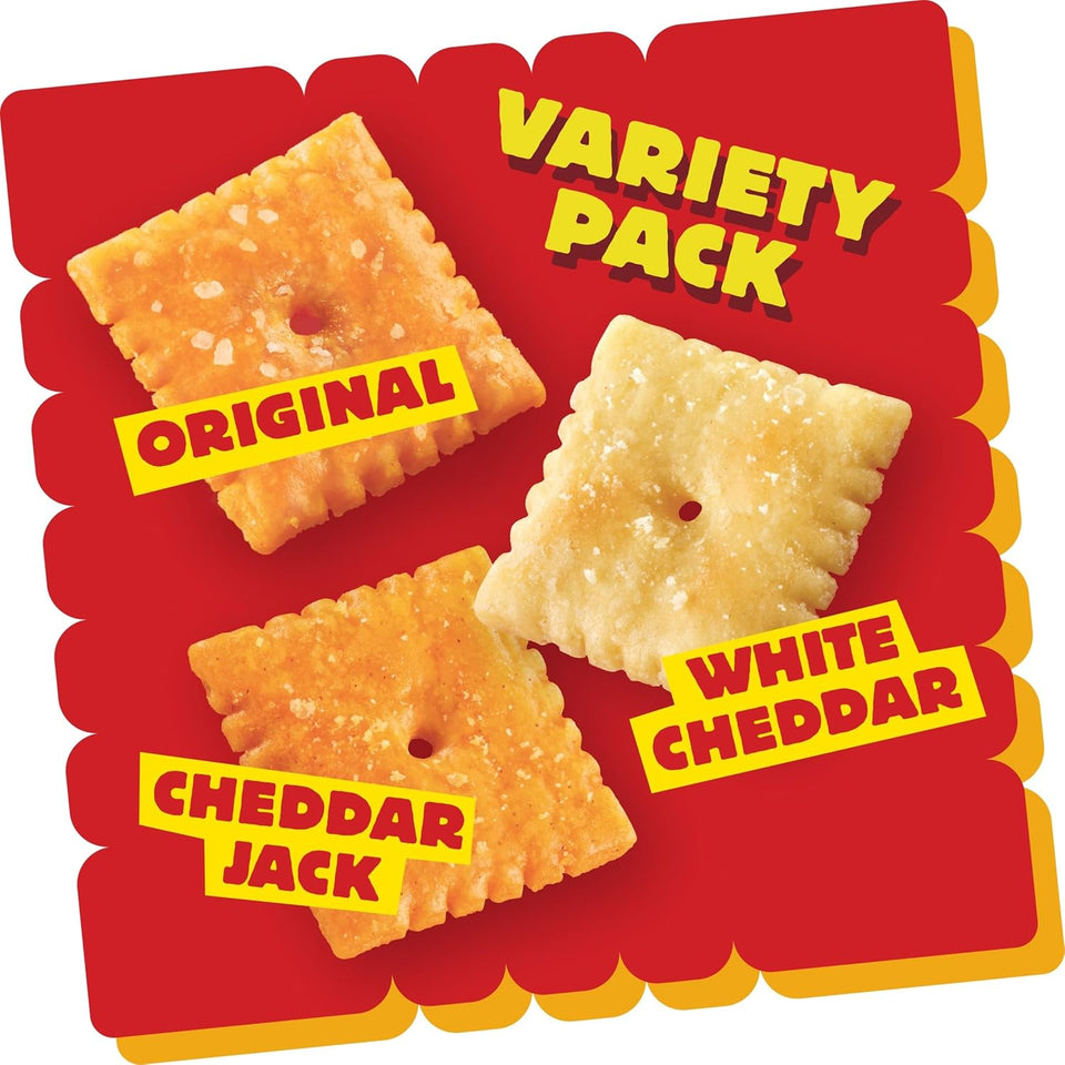 cheez-it variety pack, 12.1oz box, 12 packs, original, white cheddar, cheddar jack flavors