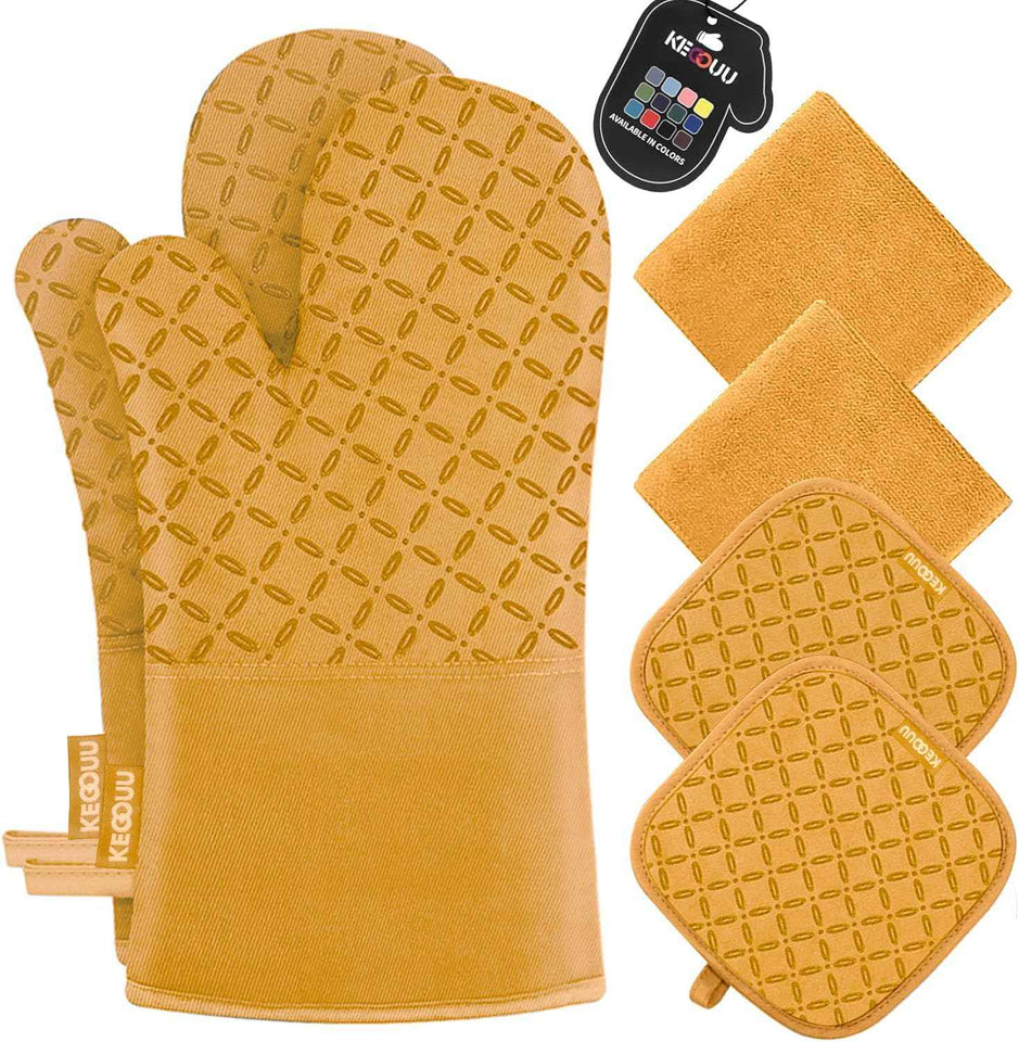 KEGOUU Oven Mitts and Pot Holders 6pcs Set, Kitchen Oven Glove High Heat Resistant 500 Degree Extra Long Oven Mitts and Potholder with Non-Slip Silicone Surface for Cooking (Grey)