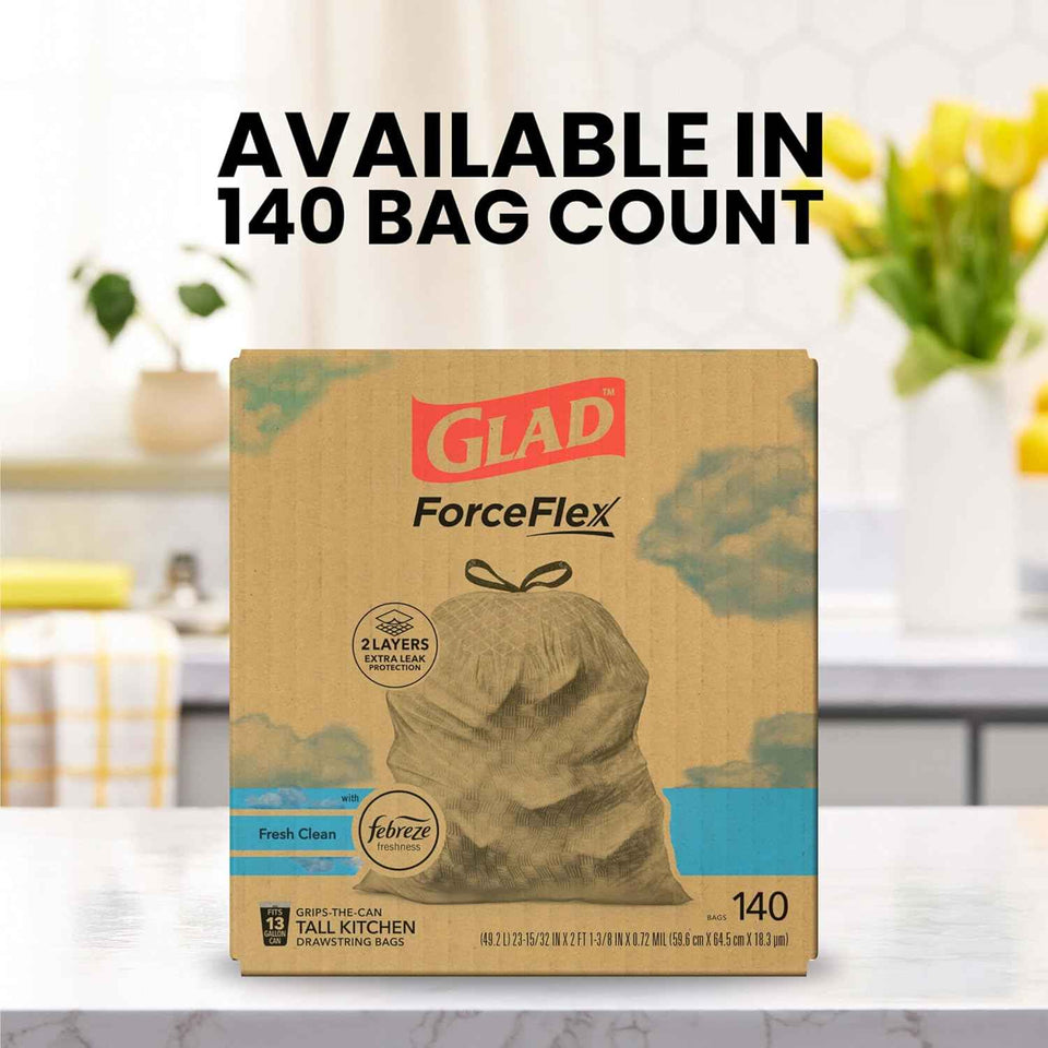 Tall Kitchen Trash Bags, 13 Gallon, 140 Count, Fresh Clean with ForceFlex Technology