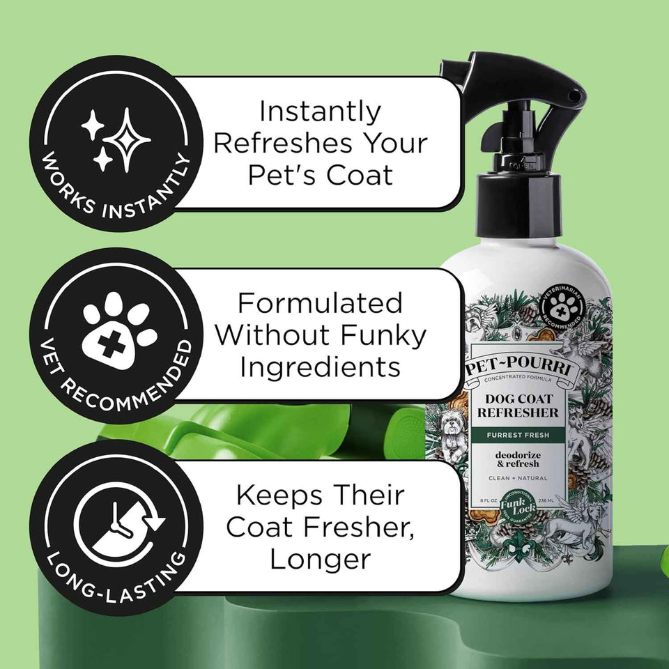 poo-pourri furrest fresh dog deodorizing spray, 8 fl oz, paraben & sulfate-free, fir, amber & cedarwood scent