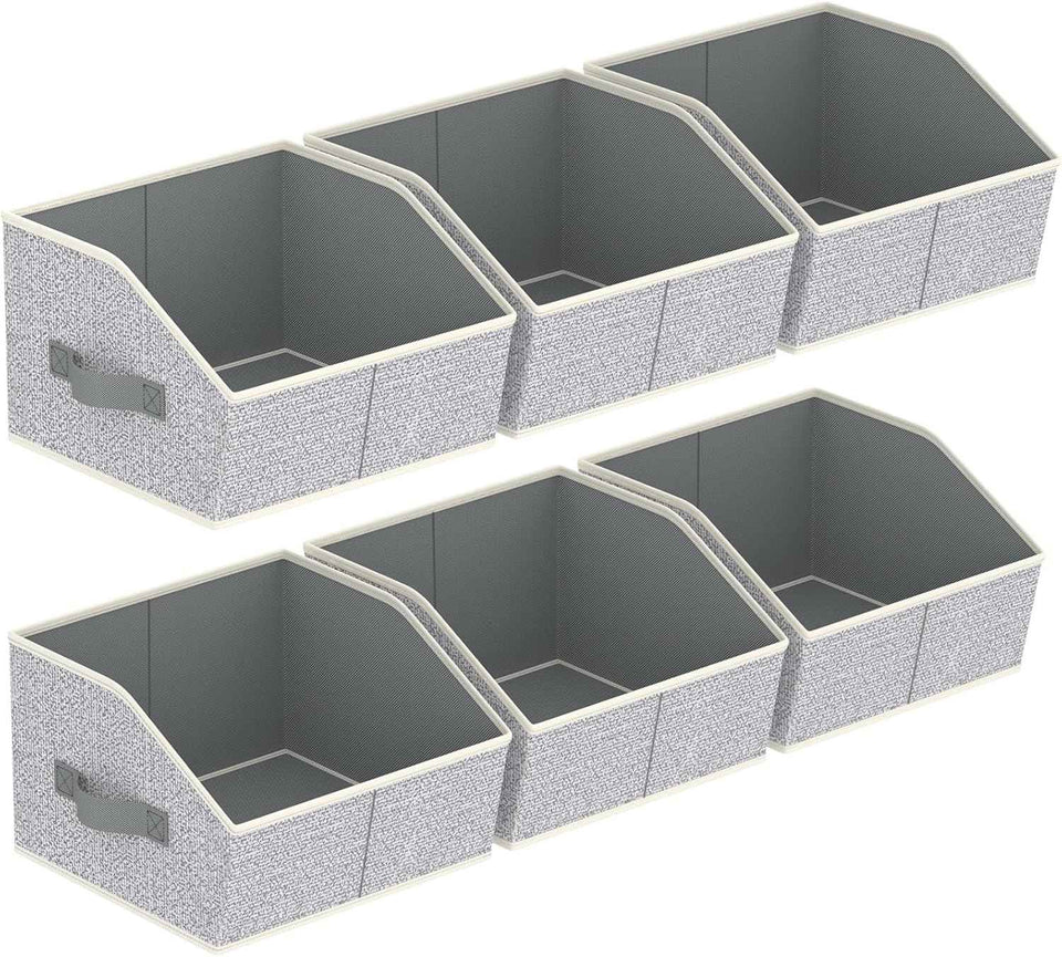 Closet Organizers Bins 6 Packs - Large Closet Shelf Organizer with Handles, Fabric Trapezoid Storage Bins, Collapsible Storage Cubes for Clothes, Towels, Light Gray