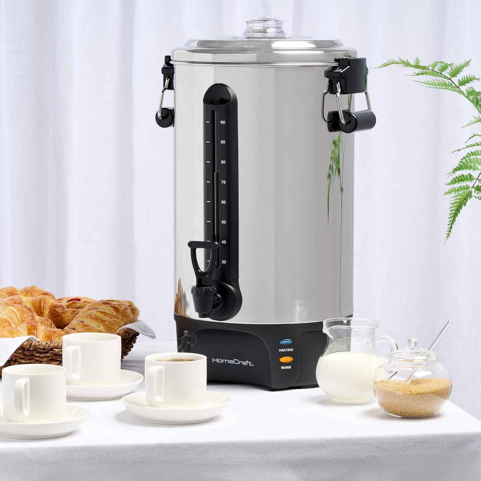 homecraft stainless steel 100-cup coffee urn with dripless faucet and quick-brewing