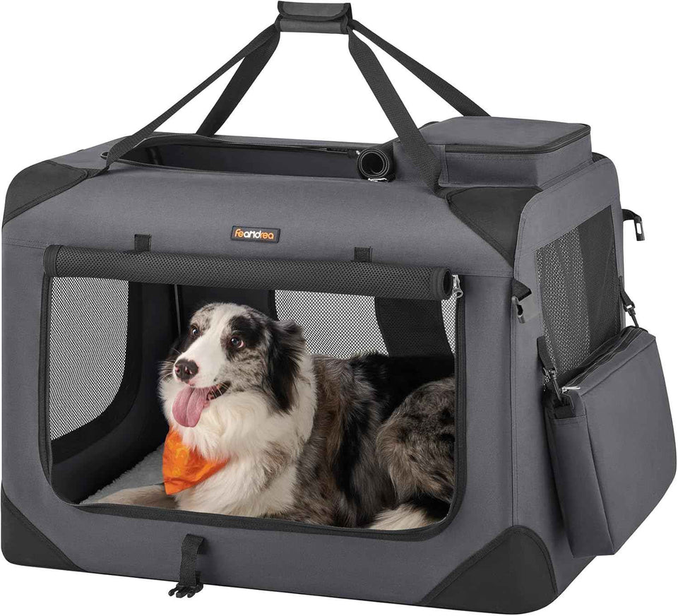 Feandrea 40 Inches Collapsible Soft Dog Crate, Portable Travel Dog Crate for Indoor and Outdoor Use, Dog Carrier Kennel with Safety Zippers, for Living Room, Car, Travelling, Camping, Black UPDC10H