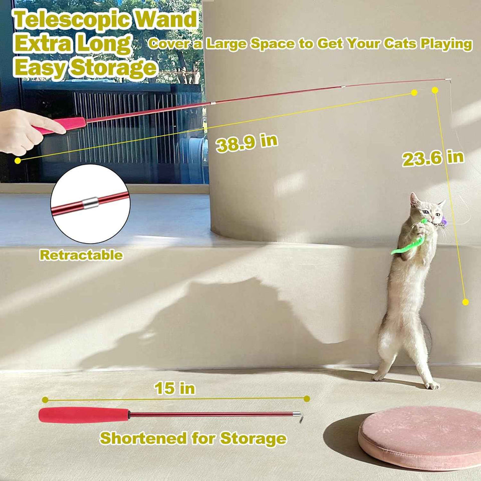 meohui 2pcs retractable cat fishing pole toy set with 9pcs cat feather toys refills