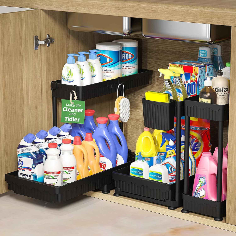 3 Pack L-Shaped Under Sink Organizer with Hooks and Hanging Cup, Black, 2026 Model