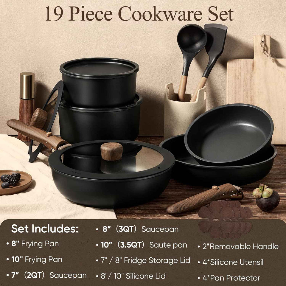 CAROTE 19-Piece Non-Stick Cookware Set, Induction Kitchen Pots and Pans, Oven, Dishwasher, and Fridge Safe, Space Saving