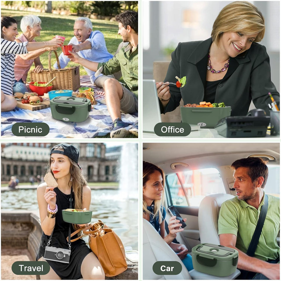 Vabaso Electric Lunch Box for Adults, 80W Heated Lunch Box Portable Food Warmer Lunch Box for Work/Men/Car/Truck with 1.5L 304 Stainless Steel Container Fork & Spoon, 110V/12V/24V