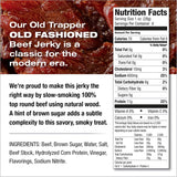 Old Trapper old fashioned beef jerky, tender meat snacks with 11 grams of protein, zero grams of fat, and 70 calories per serving