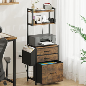 Small 3 Drawer File Cabinet with Charging Station, 45''H, 3-Tier Filing Cabinet for Home Office, 11''*16'' for Small Printer, Fabric Drawer Fits Letter/A4, Tall Printer Stand, Rustic Brown
