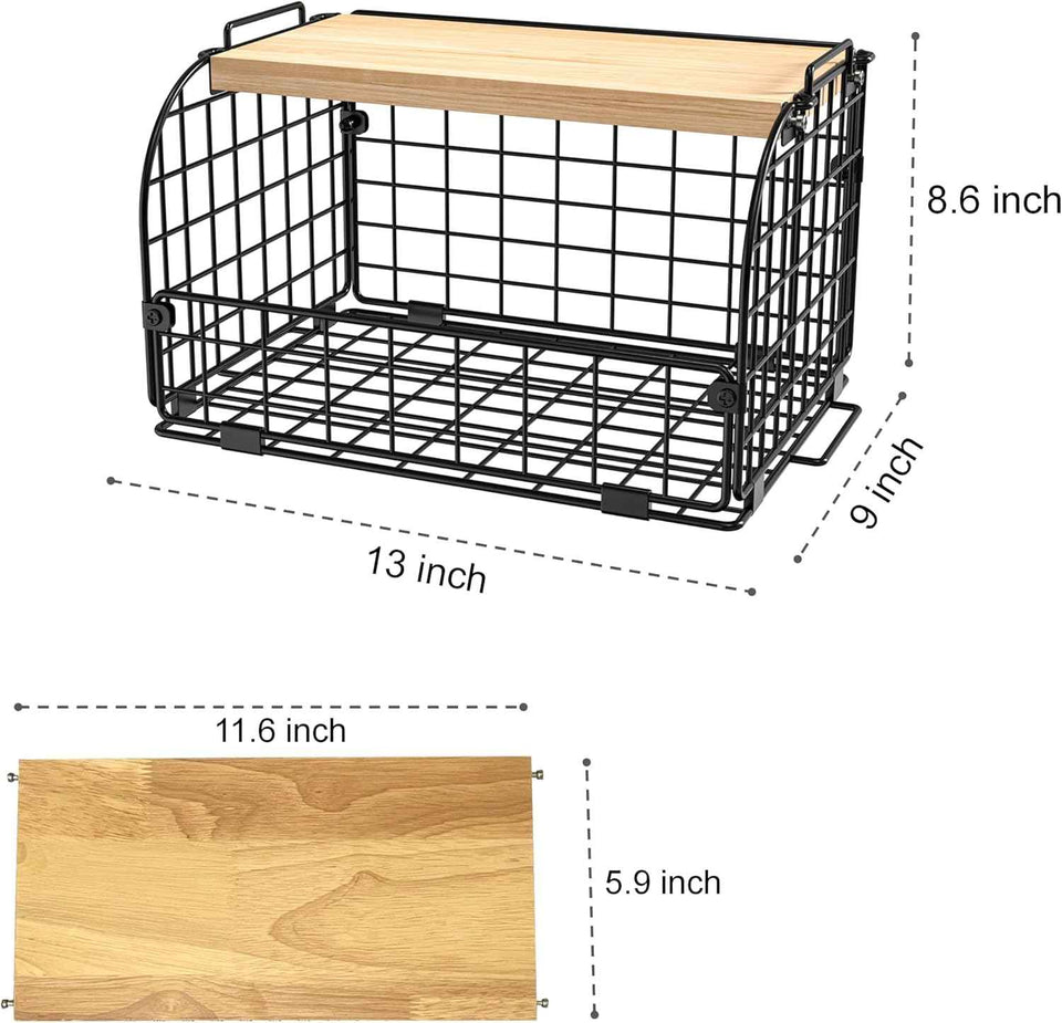 2 Set Stackable Wire Basket with Openable Top, Kitchen Counter, Pantry Organizer and Storage Produce Onion Potato Fruits Vegs Bread Food Snack Spice Organizing Bin for Cabinet Shelf Countertop Floor