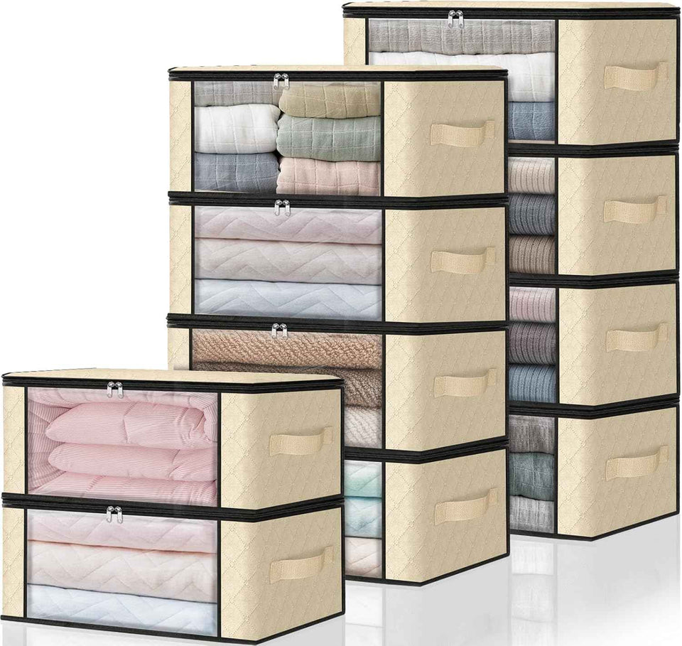 HomeHacks Storage 3-Pack Clothes Organizer Storage Bags Foldable Storage Box with Large Clear Window Sturdy Handles for Closet, Dorm, Pillows, Bedding, Clothes, Blankets, 35L, Gray