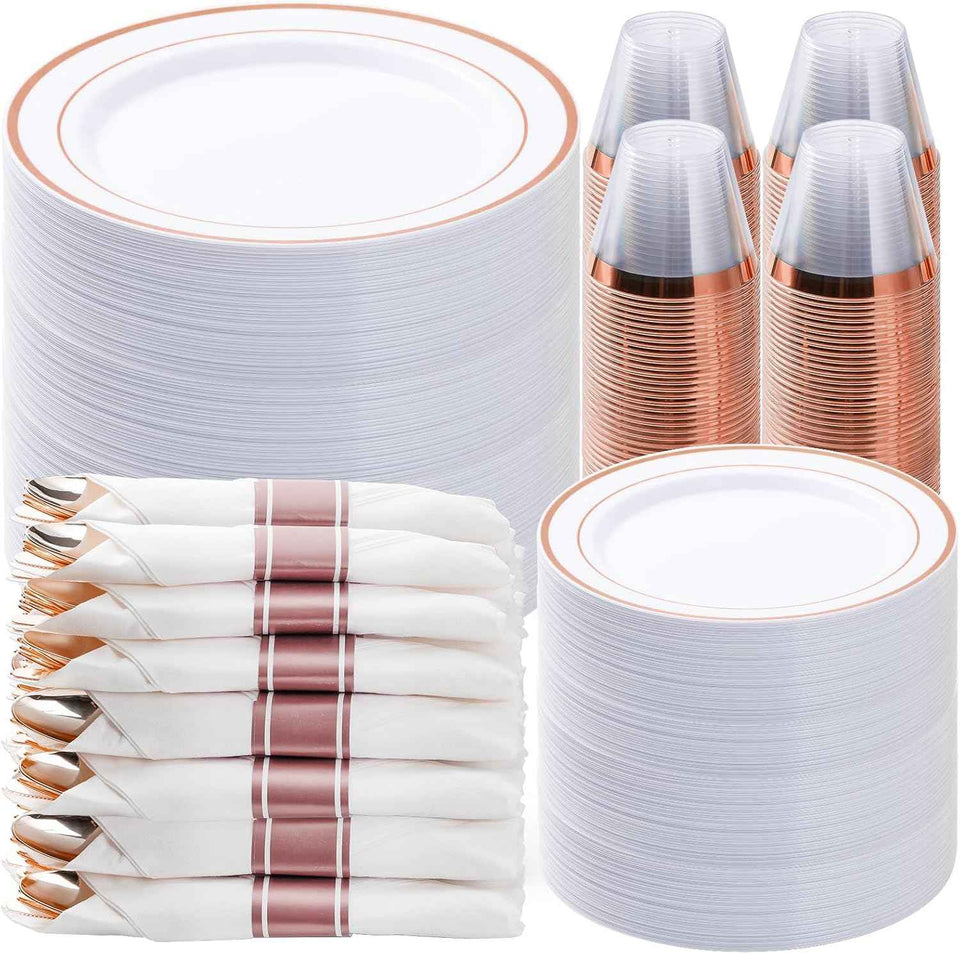 BESTVIP 700PCS Gold Plastic Dinnerware Set for 100 Guests, Disposable Plates for Party, Include: 200 Plastic Plates, 100 Pre Rolled Napkins with Gold Silverware, 100 Cups for Christmas, Halloween