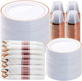 BESTVIP 700PCS Gold Plastic Dinnerware Set for 100 Guests, Disposable Plates for Party, Include: 200 Plastic Plates, 100 Pre Rolled Napkins with Gold Silverware, 100 Cups for Christmas, Halloween