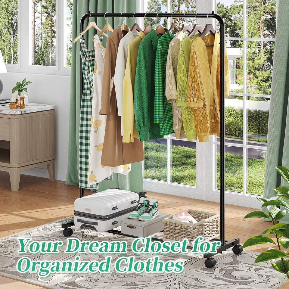 Simple Trending Clothing Rack for Hanging clothes, Portable Garment Rack with Bottom Shelf, Metal Clothes Rack on Wheels for Bedroom, Laundry Room, Black