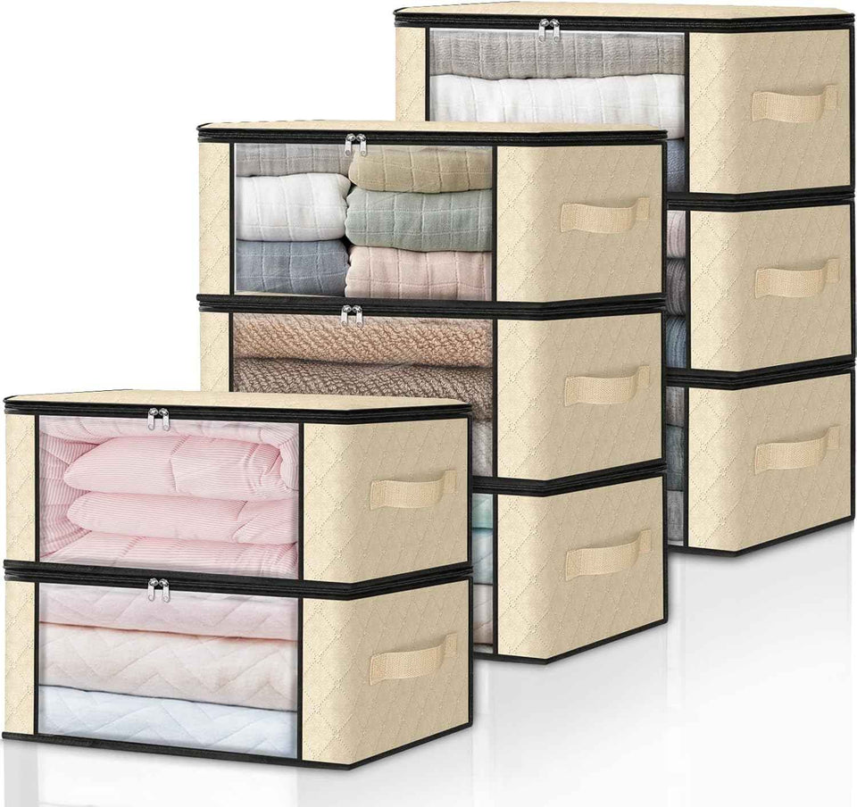 HomeHacks Storage 3-Pack Clothes Organizer Storage Bags Foldable Storage Box with Large Clear Window Sturdy Handles for Closet, Dorm, Pillows, Bedding, Clothes, Blankets, 35L, Gray